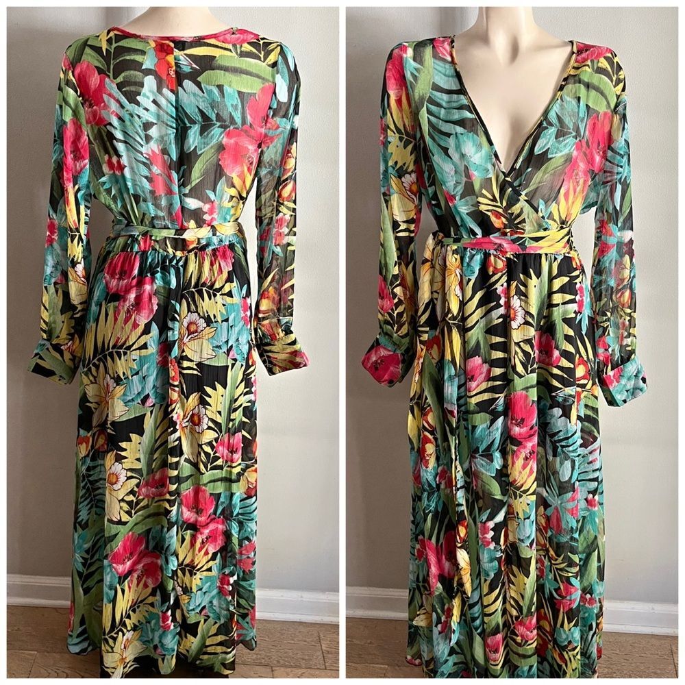 Y2K Spy Zone Exchange Tropical Floral Maxi Dress Sheer Boho Tie Waist M